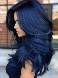 Black And White Ombré Hair, Colorful Long Hair Ideas, Hair Colours For Brunettes Dyes, Hair Color Ideas Fashion Colors, Moonlight Blue Hair, Best Colors To Dye Dark Brown Hair, Raven Colored Hair, Indigo Black Hair, Shades Of Blue Hair Color Chart