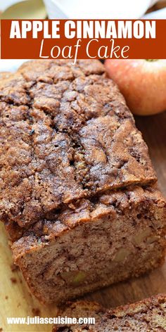 apple cinnamon loaf cake on a cutting board with apples in the background and text overlay