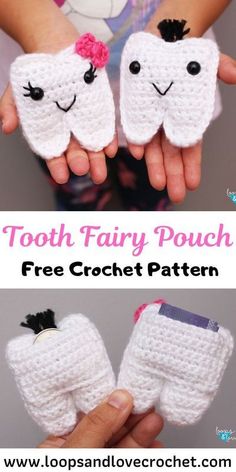 tooth fairy pouch free crochet pattern with text overlay that reads, tooth fairy pouch free crochet pattern