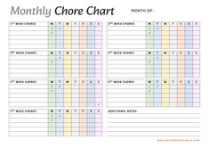 a printable chore chart with the month and months in each column, which are numbered