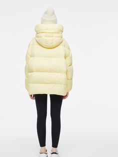 Details: Long sleeve hooded puffer coat in lemon yellow Premium goose-down fill Zip front closure Small 'The New' embroidery on front Front slit pockets Oversized fit Materials & Care: 100% Nylon Lining: 100% Polyester Filling: 95% White Goose Down Dry clean only Do not bleach Size & Fit: Model is 5'7", Bust 32, Waist 24, Hips 35, wearing a size S Item #: LL4CO11 White Goose, Lemon Yellow, Puffer Coat, Oversized Fits, Sweat Shirt, Duvet, Puffer, Lemon, Embroidery