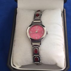 Stunning! Roma Stainless Steel Silver Watch With Red Face And Red Jewels Throughout. No Latch. This Is A Bracelet Watch; Stretchy To Fit All Wrist Sizes. Beautiful! Brand New!! Taken Out Of Box Only To Take Pictures For You! Red Face, Red Jewel, A Bracelet, Take Pictures, Square Watch, Michael Kors Watch, Silver Watch, Accessories Watches, Bracelet Watch