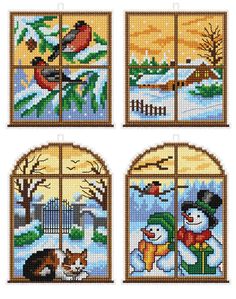 four cross stitch pictures of snowmen and birds in the window with winter scenes on them