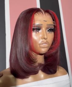 Custom Color Wigs Red, Red Wig With Black Roots, Red Highlight Lace Front Wig, Red And Black Lace Front Wig, Red Roots Black Hair Wig, Wig Room, Shorts Hairstyles, Wig Maker, Red Weave