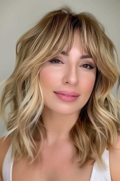 35 Stunning Medium-Length Hairstyles with Bangs - The Hairstyle Edit Med Length Hair With Wispy Bangs, Shoulder Length Hair With Layers And Wispy Bangs, Medium Length Hair Wispy Bangs, Mid Length Hair With Wispy Bangs, Short Haircuts For Summer, Women’s Shoulder Length Haircut With Bangs, Haircuts For Summer