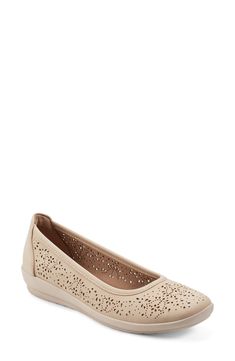 Laser-cut detailing lends modern style and breathable comfort to a versatile flat grounded by a cushioned footbed and flexible sole. Cushioned footbed Synthetic upper/textile lining/synthetic sole Imported Comfortable Beige Flats With Cushioned Footbed, Beige Cushioned Flats, Synthetic Slip-on Ballet Flats With Ortholite Insole, Lightweight Comfortable Synthetic Flats, Casual Synthetic Ballet Flats With Ortholite Insole, Slip-on Flats With Arch Support, Slip-on Flats With Textured Footbed, Comfortable Flats With Perforated Toe Box, Flat Synthetic Slip-ons With Cushioned Footbed