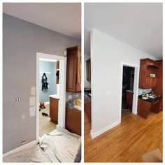 two pictures of a kitchen being remodeled with wood flooring and cabinets in the background