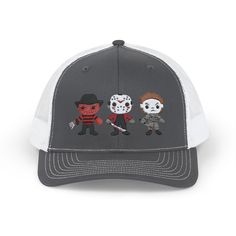 Horror movie icons embroidered cap that gives off a spooky vibe. Perfect for horror movie fans and Halloween enthusiasts. Ideal for adding a touch of horror to any outfit or costume. Product features - Comfortable fit with structured body and mid profile - Adjustable snap closure for perfect fit - Visor precurved with matching color underbill - Front and visor made of 60% cotton, 40% polyester - Back made of 100% polyester mesh Care instructions - Use warm water and dish soap and clean spots off your hat. It's not necessary to soak the whole item. For hard to clean spots use a soft bristled brush. Scary Films, Halloween Hat, Film Icon, Horror Movie Icons, Halloween Hats, Embroidered Cap, Embroidered Caps, Horror Movie, Horror Films