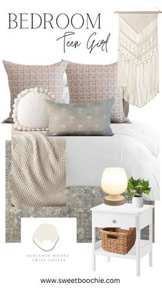 the bedroom is decorated in neutral tones and white, with text overlaying it