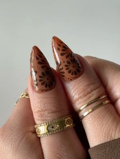 #naila #talavera Black Talavera Nails, Talavera Nails Brown, Mixed Nail Shapes On One Hand, Dark Boho Nails, Brown Mexican Nails, Mexican Barro Nails, Mexican Pottery Nails, Mexican Tile Nails