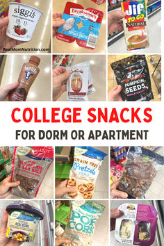 collage of college snacks for dorm or apartment students with text overlay that reads college snacks for dorm or apartment