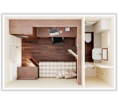 an overhead view of a bedroom with a bed and desk