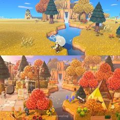 two screens showing the same scene in animal crossing, and another shows an autumn landscape