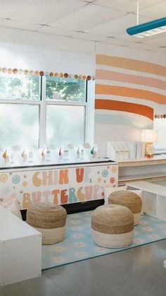 an empty room with two stools in front of the counter and colorful wallpaper on the walls