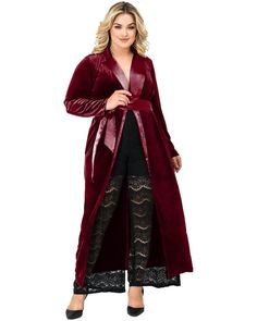 This plus size outerwear is a must in your everyday wardrobe Dresses Materials, Satin Belt, Velvet Wrap Dress, Lapel Coat, Plus Size Outerwear, Wrap Coat, Plus Size Sweaters, Stretch Velvet, Rose Dress