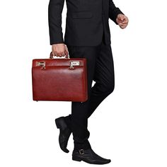 Travel in style with this leather office suitcase briefcase, crafted from 100% full-grain genuine leather. It features a large main compartment, an interior organizer section, and a file pocket with a button closure. The dual combination locks keep your essentials secure, while the flap pocket, 2 pen slots, a chequebook holder, 1 zipper pocket, and 2 card slots provide plenty of storage. Perfect for work and travel! Features: Premium Full-Grain Leather: The rich brown hue of this suitcase not on Luxury Briefcase With Adjustable Strap For Business, Luxury Leather Trim Briefcase, Luxury Leather Office Cases, Luxury Leather Briefcase With Palladium Hardware, Luxury High-end Leather Briefcase, Luxury Formal Briefcase With Detachable Strap, Formal Rectangular Briefcase With Luggage Sleeve, Professional Briefcase With Leather Lining For Business Trips, Formal Brown Briefcase With Luggage Sleeve