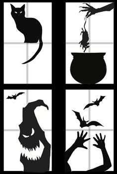 the silhouettes of halloween decorations are shown in black and white, with bats on them