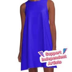 Loose-fit, mid-length sleeveless dress with silky handfeel. Printed on both sides. Machine washable. Size range XS-2XL. The image is a solid blue background. It is a bright, saturated blue, and it fills the entire frame. There is no other content in the image. Solid Blue Background, Saturated Blue, Ultramarine Blue, Blue Flats, Flat Color, Woven Dress, Dress For Sale, Blue Background, Dress Fabric