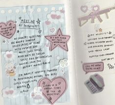 an open book with stickers on the pages and writing in pink, white and blue