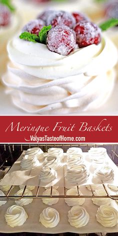 meringue tart baskets with white frosting and raspberries on top