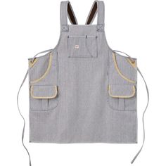 an apron with two pockets on the front and one pocket at the back, in grey denim