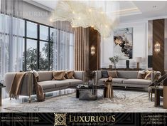 the luxurious living room is decorated in gold and silver