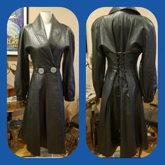 Steampunk Black Leather Trench Coat By Karen Groner/ Grown Beans Of New York. Coat Has Zig Zag Raw Edges. Oversized Button Closure. Zig-Zag Corsets Tie-Up On The Back. Brand New Never Worn. Tags Removed. (Cinched Up To Fit The Small Mannequin But It Is A Size Large Which Would Be Equivalent To A Women's 12-14 Comfortably. Will Require Heavier Shipping Fee. Comes From A Smoke-Free Environment. Tags: Steampunk Gothic Raw Corset Punk Goth Punk Rock Leather Trench Coat Fitted Gothic Leather Jacket, Fitted Leather Jacket For Stylish Wear, Fitted Leather Outerwear For Alternative Fashion, Gothic Leather Outerwear, Fitted Gothic Leather Jacket For Parties, Punk-style Formal Outerwear For Fall, Formal Punk Outerwear For Fall, Punk Style Formal Outerwear For Fall, Gothic Leather Outerwear For Fall