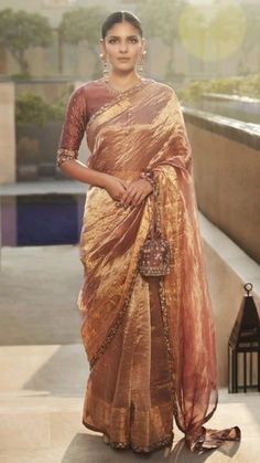 Pink Tissue Saree Blouse Designs, Blouse Designs For Tissue Sarees, Tissue Silk Saree With Border, Tissue Organza Saree Blouse Designs, Tissue Silk Saree Blouse Design, Closed Neck Blouse Designs, Tissue Saree Blouse Designs Latest, Golden Saree With Contrast Blouse, Pink Tissue Saree