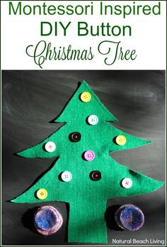 a christmas tree made out of buttons on a blackboard with the words montessoi inspired