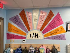 a sunburst hanging on the wall in a classroom