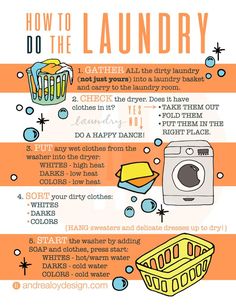 an orange and white poster with instructions on how to do the laundry for laundry