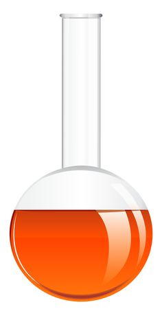 an orange liquid in a glass flask with a white cap on the top and bottom