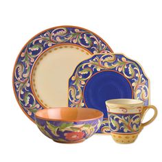 an image of a dinner set with blue and orange