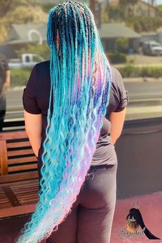 Long Blue Braids, Knotless Jumbo Braids, Leray Braids, Coi Leray Braids, Jumbo Knotless, Diy Hair Extensions, Unicorn Hair Color, Colored Box Braids, Rainbow Braids