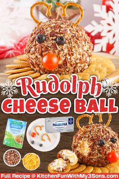 an advertisement for rudolph cheese ball with reindeer ears on top and other snacks around it