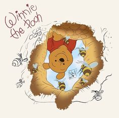 winnie the pooh is flying through the air with honeybees on it's back