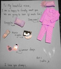 a handmade card with clothes and other items on it, including a paper doll