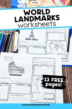 the world landmarks worksheets with pencils and markers