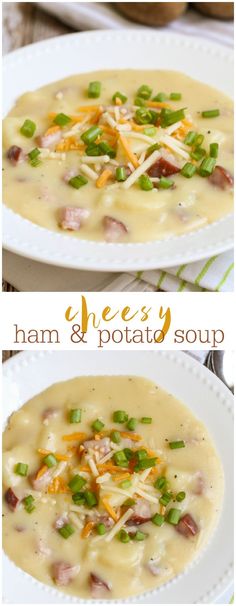 two pictures of ham and potato soup with cheese