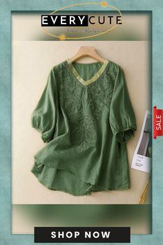 Retro Exquisite Embroidery V -neck Half Sleeve Shirt Cotton V-neck Blouse With Embroidered Hem, Casual V-neck Blouse With Embroidered Hem, V-neck Tops With Embroidered Hem, Green Embroidered V-neck Blouse, Summer Green Blouse With Embroidered Neckline, Green Long Sleeve Tops With Embroidered Neckline, Embroidered Cotton V-neck Blouse, Green Long Sleeve Top With Embroidered Neckline, Casual V-neck Blouse With Embroidered Neckline