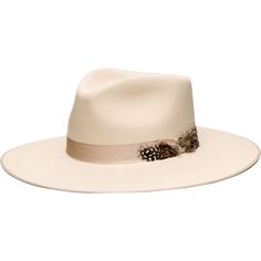 Classically designed and adorned with a feather, this classy Stetson is ready for a night on the town. When adventuring in the daylight, the medium-wide brim on this fedora provides sun protection, keeping us feeling as cool as we look. Elegant Wide Brim Panama Hat For Fall, Formal Western Hat For Spring, Western Style Formal Spring Hat, Formal Western Spring Hat, Spring Formal Western Hat, Elegant Beige Fedora With Flat Crown, Elegant Wide Brim Sun Hat For Rodeo, Elegant Summer Fedora For Rodeo, Elegant Spring Rodeo Hat