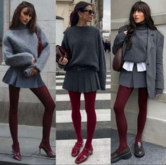 Burgundy Outfit Winter 2024, London Winter Skirt Outfits, Burgundy And Grey Outfits, Red Loafers Outfit Women, Outfit Bordeaux, Burgundy Tights Outfit, Burgundy Skirt Outfit, Bordeaux Outfit, Burgundy Loafers