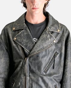 Acne Studios Biker Leather Jacket in Black. This jacket is constructed from leather that has been hand-sanded to create a unique weathered aesthetic. The jacket features a snap button collar, asymmetric front zip closure, zip and snap button pockets and an embossed Acne Studios logo at the cuff. Distressed Rugged Outerwear For Biker Events, Distressed Leather Biker Jacket For Biker Events, Rugged Distressed Outerwear For Biker Events, Distressed Leather Jacket For Biker Events, Rugged Distressed Leather Jacket For Biker Events, Distressed Leather Outerwear For Streetwear, Rugged Distressed Leather Jacket For Streetwear, Allsaints Leather Biker Outerwear, Fitted Single-breasted Leather Biker Jacket