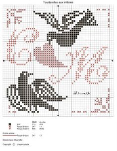 a cross stitch pattern with the words love and two birds in red, black and white