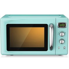 a blue microwave oven sitting on top of a white counter