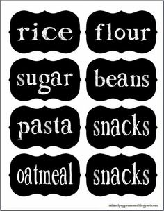 four different types of food labels with the words rice flour, sugar beans, pasta snacks and oatmeal snacks