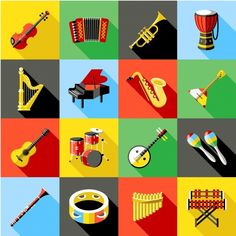 various musical instruments are shown in different colors