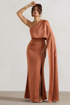 Amora | Rust Satin Asymmetric Cape-Sleeve Split Maxi Dress Gold Wedding Guest Dresses, Asymmetric Cape, Midi Bridesmaid Dress, Club L London, Dark Dress, Leg Split, Black Dress Prom, Black Tie Gala, Casual Day Dresses