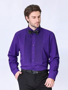 Purple Casual,Party Collar Long Sleeve Polyester Colorblock,Plain Shirt Embellished Non-Stretch  Men Clothing French Cuff Dress Shirts, Camisa Social, Formal Shirt, French Cuff, Plain Shirt, Plain Shirts, Mens Spring, Formal Shirts, Casual Party