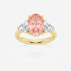 4 1/3 ctw Fancy Pink Oval Lab Grown Diamond Three Stone Engagement Ring 14K Yellow Gold Stone Engagement, Three Stone Engagement, Three Stone Engagement Rings, Stone Engagement Rings, Three Stone, Lab Grown Diamonds, Yellow Gold, Engagement Rings, Stone